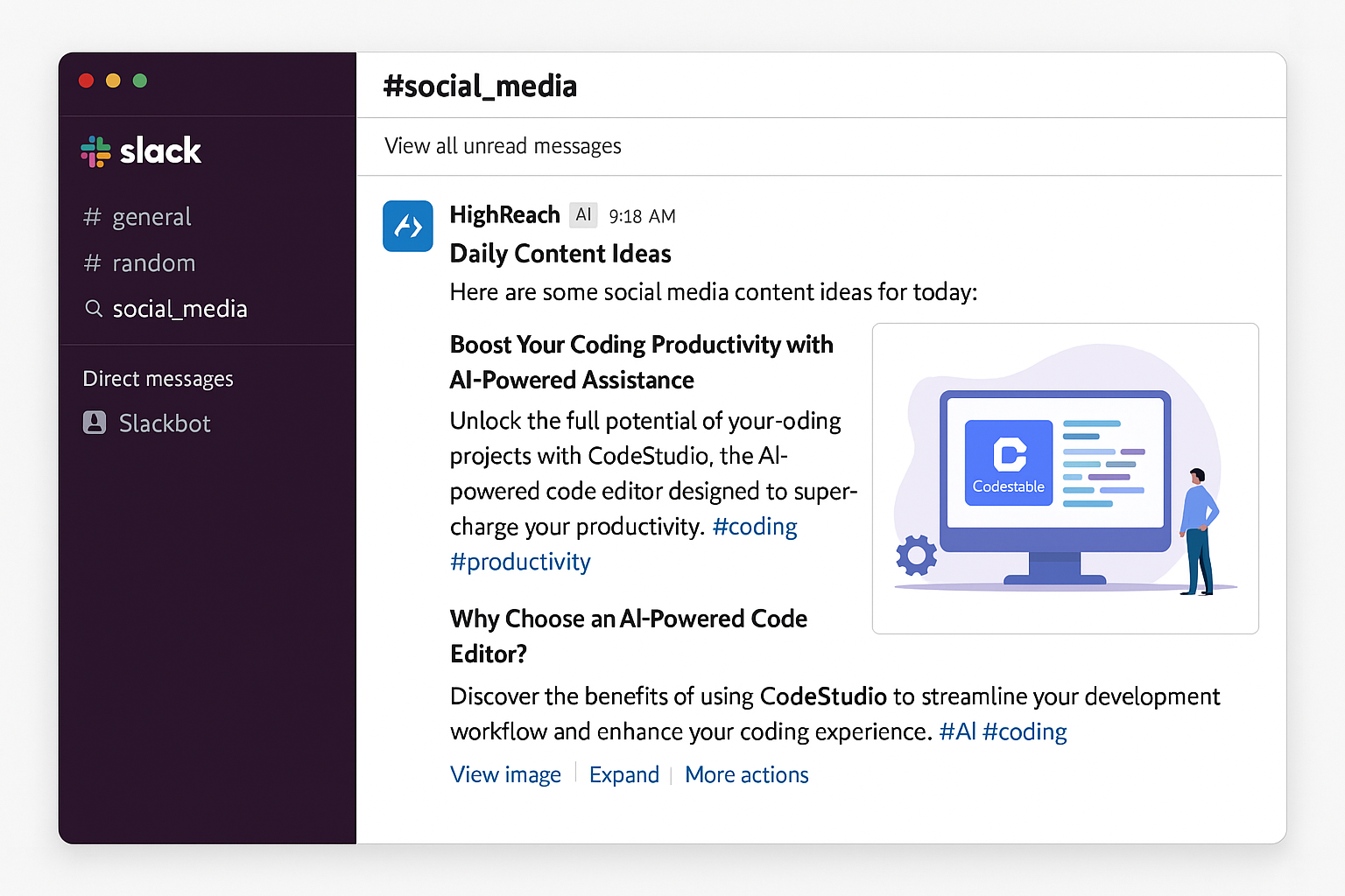 HighReach AI content suggestions within Slack interface